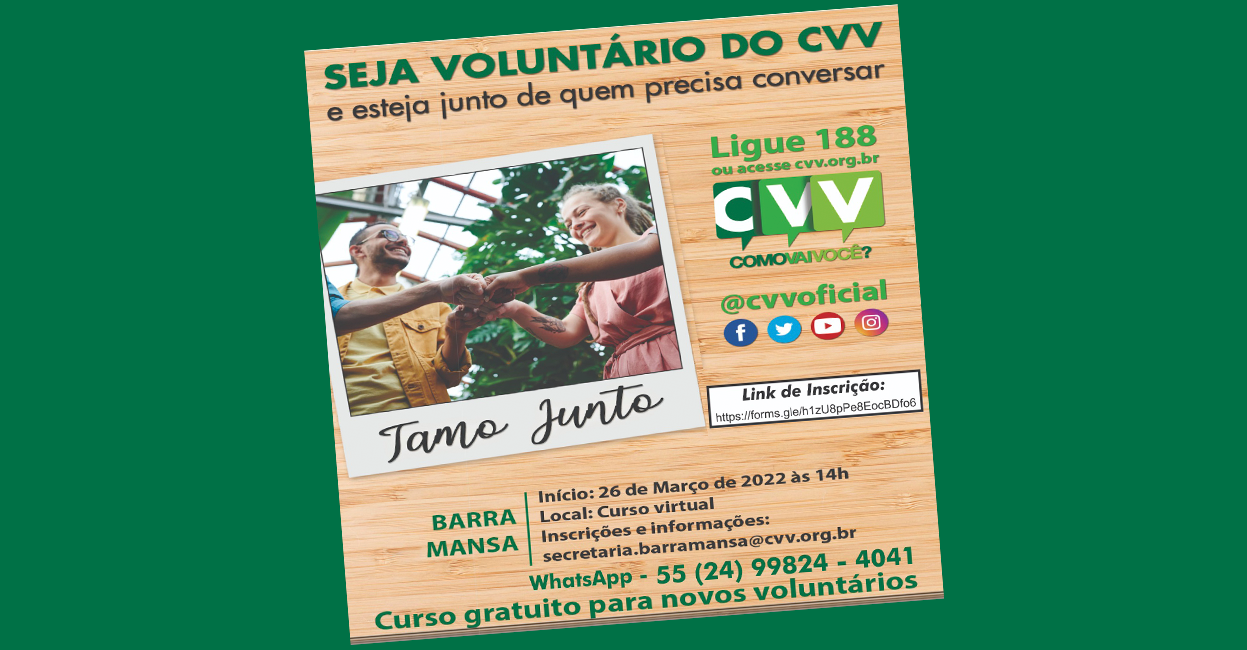 Foto - O CVV Barra Mansa abre inscrições para o curso de seleção e capacitação de novos voluntários